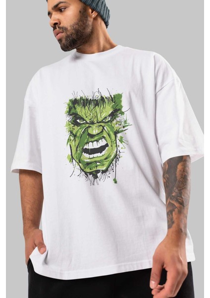 Hulk (4) Ön Baskılı Beyaz Oversize T-Shirt Bisiklet Yaka Erkek Kadın modelleri