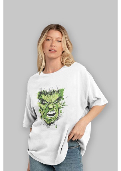 Hulk (4) Ön Baskılı Beyaz Oversize T-Shirt Bisiklet Yaka Erkek Kadın fırsatları