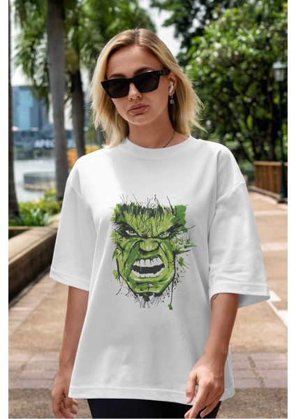 Hulk (4) Ön Baskılı Beyaz Oversize T-Shirt Bisiklet Yaka Erkek Kadın indirimleri