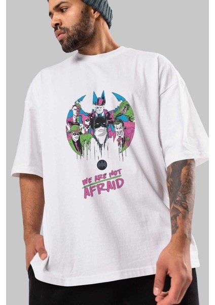 Batman Joker Ön Baskılı Beyaz Oversize T-Shirt Bisiklet Yaka Erkek Kadın modelleri