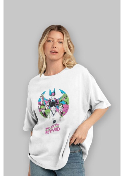 Batman Joker Ön Baskılı Beyaz Oversize T-Shirt Bisiklet Yaka Erkek Kadın fırsatları