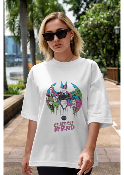 Batman Joker Ön Baskılı Beyaz Oversize T-Shirt Bisiklet Yaka Erkek Kadın indirimleri