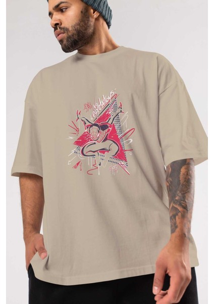 Spiderman (23) Ön Baskılı Bej Oversize T-Shirt Bisiklet Yaka Pamuk Erkek Kadın modelleri