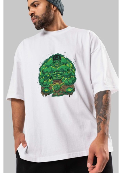 Hulk (7) Ön Baskılı Beyaz Oversize T-Shirt Bisiklet Yaka Erkek Kadın modelleri