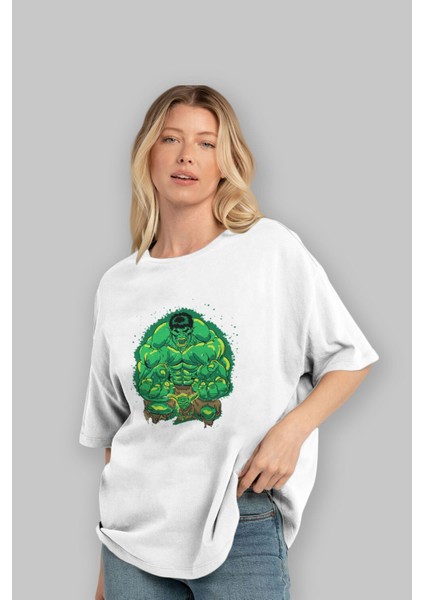 Hulk (7) Ön Baskılı Beyaz Oversize T-Shirt Bisiklet Yaka Erkek Kadın fırsatları