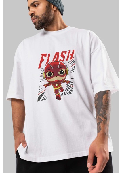 Flash Avengers (4) Ön Baskılı Beyaz Oversize T-Shirt Bisiklet Yaka Erkek Kadın modelleri