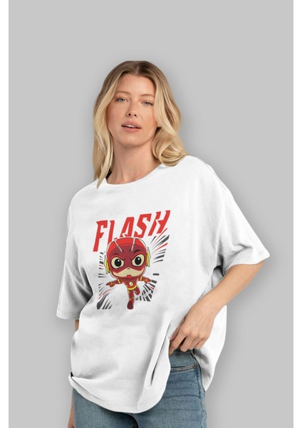 Flash Avengers (4) Ön Baskılı Beyaz Oversize T-Shirt Bisiklet Yaka Erkek Kadın fırsatları