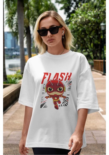 Flash Avengers (4) Ön Baskılı Beyaz Oversize T-Shirt Bisiklet Yaka Erkek Kadın indirimleri