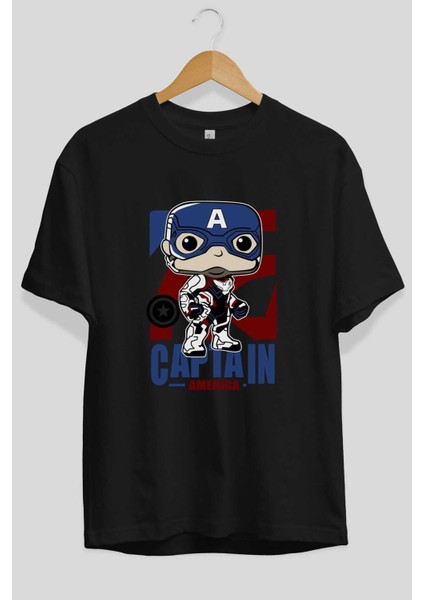 Captain America Ön Baskılı Siyah Oversize T-Shirt Bisiklet Yaka Erkek Kadın