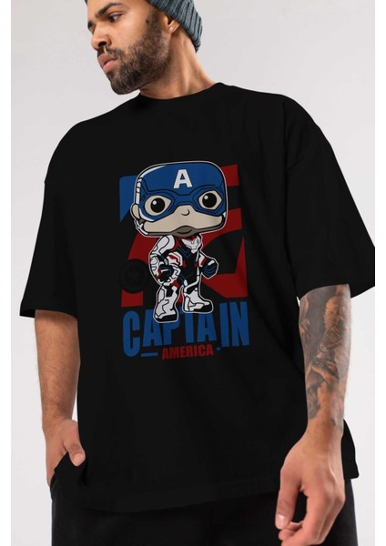 Captain America Ön Baskılı Siyah Oversize T-Shirt Bisiklet Yaka Erkek Kadın
