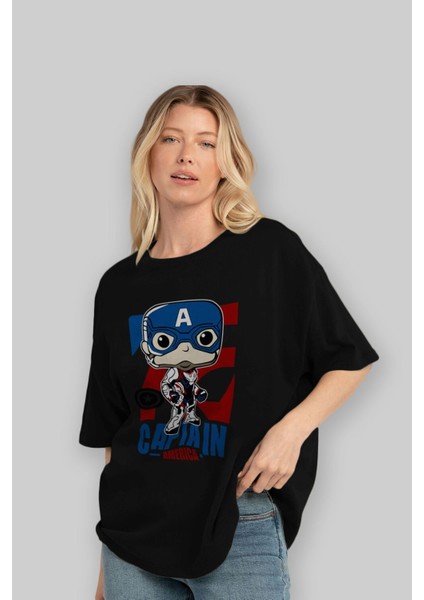 Captain America Ön Baskılı Siyah Oversize T-Shirt Bisiklet Yaka Erkek Kadın