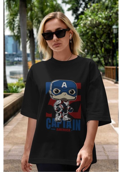 Captain America Ön Baskılı Siyah Oversize T-Shirt Bisiklet Yaka Erkek Kadın