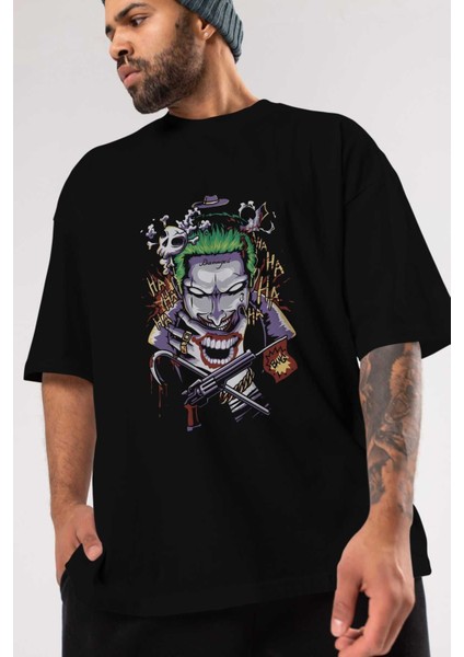 Joker Ön Baskılı Siyah Oversize T-Shirt Bisiklet Yaka Erkek Kadın modelleri