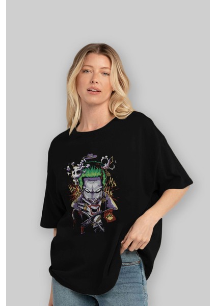 Joker Ön Baskılı Siyah Oversize T-Shirt Bisiklet Yaka Erkek Kadın fırsatları