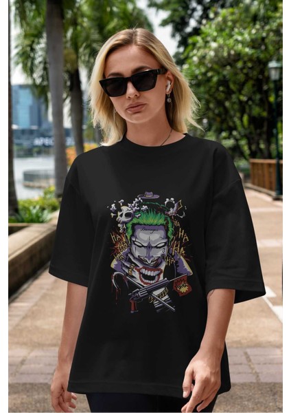 Joker Ön Baskılı Siyah Oversize T-Shirt Bisiklet Yaka Erkek Kadın indirimleri