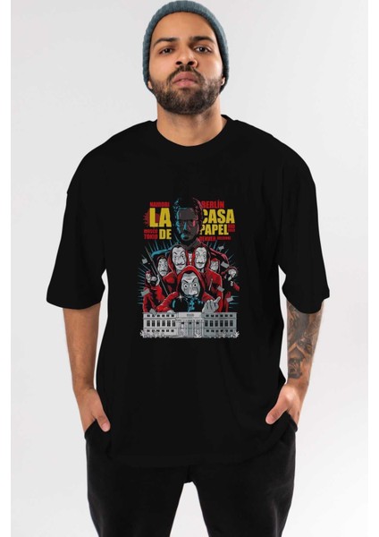La Casa De Papel (6) Ön Baskılı Siyah Oversize T-Shirt Bisiklet Yaka Erkek Kadın