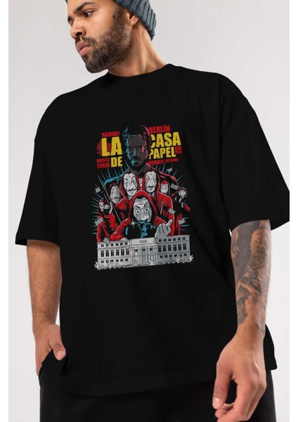 La Casa De Papel (6) Ön Baskılı Siyah Oversize T-Shirt Bisiklet Yaka Erkek Kadın modelleri