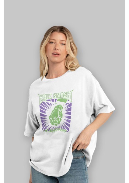 Hulk (12) Ön Baskılı Beyaz Oversize T-Shirt Bisiklet Yaka Erkek Kadın fırsatları
