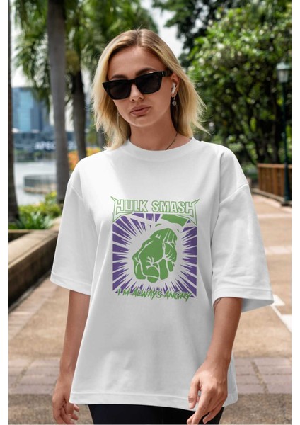 Hulk (12) Ön Baskılı Beyaz Oversize T-Shirt Bisiklet Yaka Erkek Kadın indirimleri