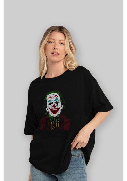 Joker (10) Ön Baskılı Siyah Oversize T-Shirt Bisiklet Yaka Erkek Kadın fırsatları