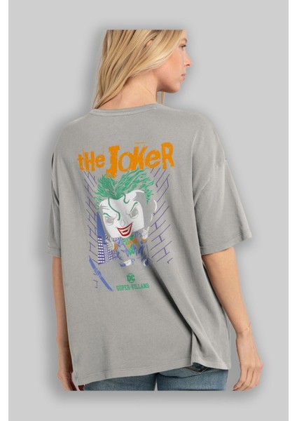 Joker (6) Arka Baskılı Gri Oversize T-Shirt Bisiklet Yaka Pamuk Erkek Kadın modelleri