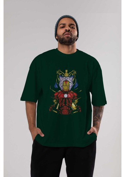 Iron Man (3) Ön Baskılı Zümrüt Yeşili Oversize T-Shirt Bisiklet Yaka Pamuk Erkek Kadın