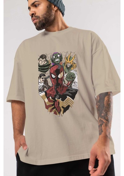 Spiderman (31) Ön Baskılı Bej Oversize T-Shirt Bisiklet Yaka Pamuk Erkek Kadın