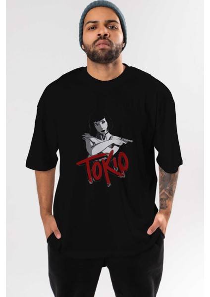 La Casa De Papel (10) Ön Baskılı Siyah Oversize T-Shirt Bisiklet Yaka Erkek Kadın