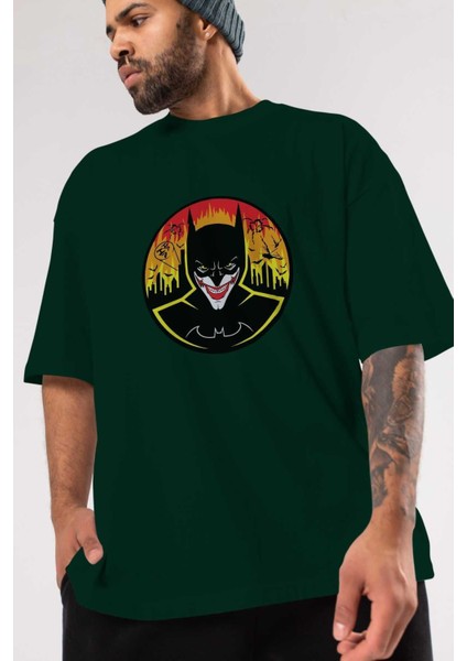 Batman (1) Ön Baskılı Zümrüt Yeşili Oversize T-Shirt Bisiklet Yaka Pamuk Erkek Kadın modelleri