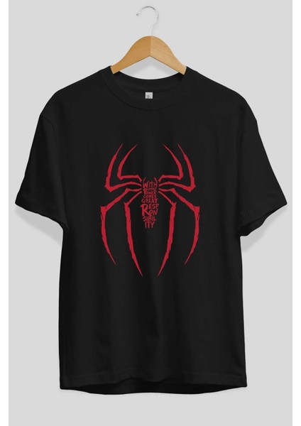 Spiderman (1) Ön Baskılı Siyah Oversize T-Shirt Bisiklet Yaka Erkek Kadın