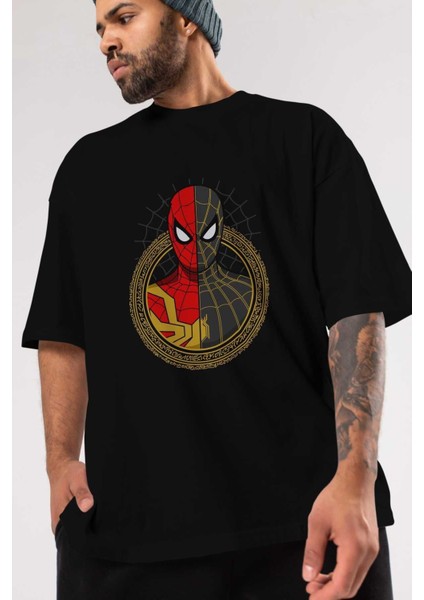 Spiderman (28) Ön Baskılı Siyah Oversize T-Shirt Bisiklet Yaka Erkek Kadın