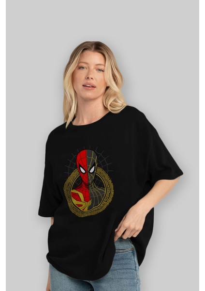 Spiderman (28) Ön Baskılı Siyah Oversize T-Shirt Bisiklet Yaka Erkek Kadın