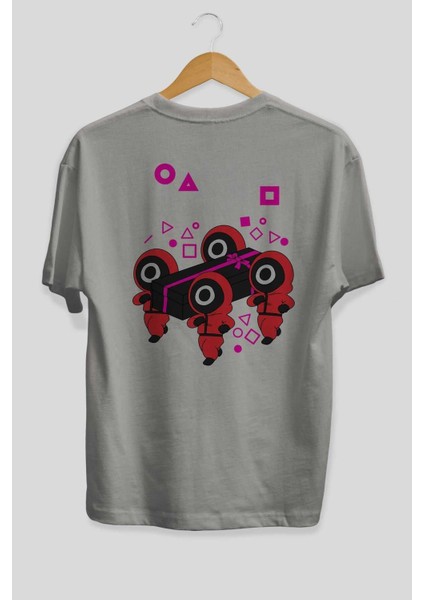Squid Game (6) Arka Baskılı Gri Oversize T-Shirt Bisiklet Yaka Pamuk Erkek Kadın fiyatları