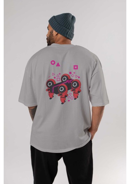 Squid Game (6) Arka Baskılı Gri Oversize T-Shirt Bisiklet Yaka Pamuk Erkek Kadın fırsatları