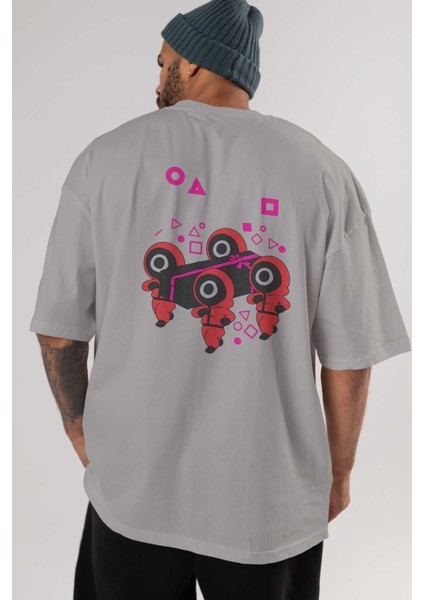 Squid Game (6) Arka Baskılı Gri Oversize T-Shirt Bisiklet Yaka Pamuk Erkek Kadın indirimleri