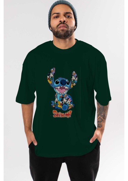 Stitch Ön Baskılı Zümrüt Yeşili Oversize T-Shirt Bisiklet Yaka Pamuk Erkek Kadın