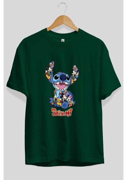 Stitch Ön Baskılı Zümrüt Yeşili Oversize T-Shirt Bisiklet Yaka Pamuk Erkek Kadın fiyatları