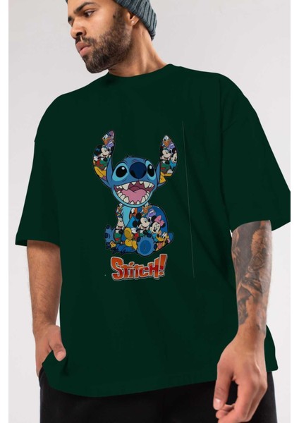 Stitch Ön Baskılı Zümrüt Yeşili Oversize T-Shirt Bisiklet Yaka Pamuk Erkek Kadın modelleri