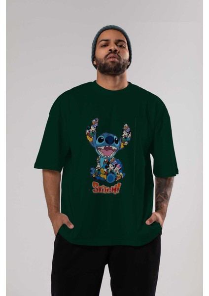 Stitch Ön Baskılı Zümrüt Yeşili Oversize T-Shirt Bisiklet Yaka Pamuk Erkek Kadın indirimleri