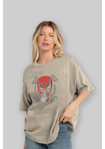 Deadpool (7) Ön Baskılı Bej Oversize T-Shirt Bisiklet Yaka Pamuk Erkek Kadın fırsatları