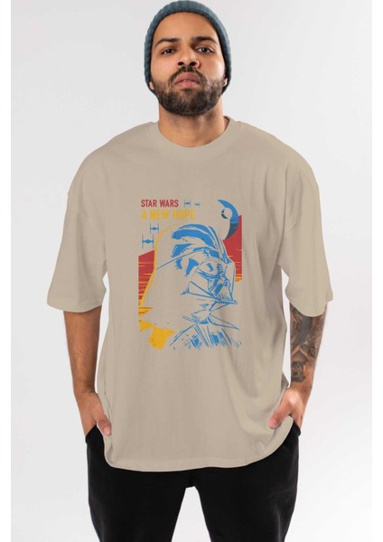 Star Wars Ön Baskılı Bej Oversize T-Shirt Bisiklet Yaka Pamuk Erkek Kadın
