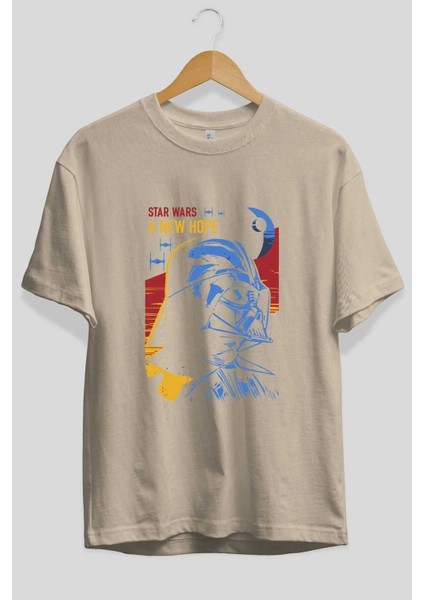 Star Wars Ön Baskılı Bej Oversize T-Shirt Bisiklet Yaka Pamuk Erkek Kadın fiyatları
