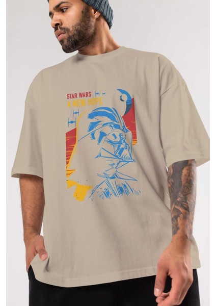 Star Wars Ön Baskılı Bej Oversize T-Shirt Bisiklet Yaka Pamuk Erkek Kadın modelleri