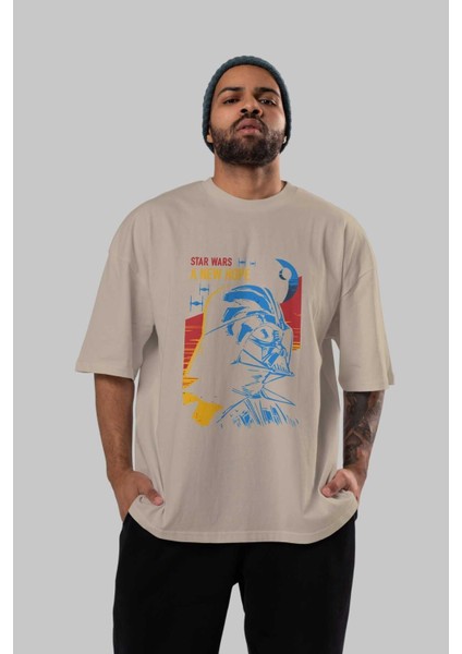 Star Wars Ön Baskılı Bej Oversize T-Shirt Bisiklet Yaka Pamuk Erkek Kadın indirimleri