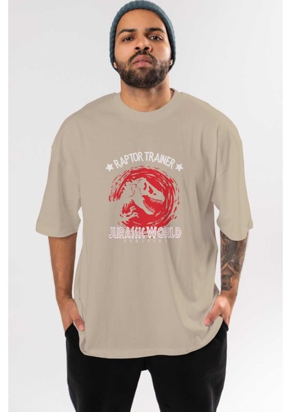 Jurassic Park (3) Ön Baskılı Bej Oversize T-Shirt Bisiklet Yaka Pamuk Erkek Kadın