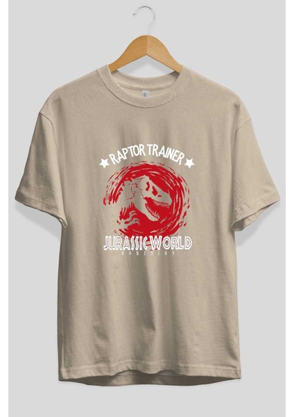 Jurassic Park (3) Ön Baskılı Bej Oversize T-Shirt Bisiklet Yaka Pamuk Erkek Kadın fiyatları