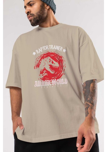 Jurassic Park (3) Ön Baskılı Bej Oversize T-Shirt Bisiklet Yaka Pamuk Erkek Kadın modelleri