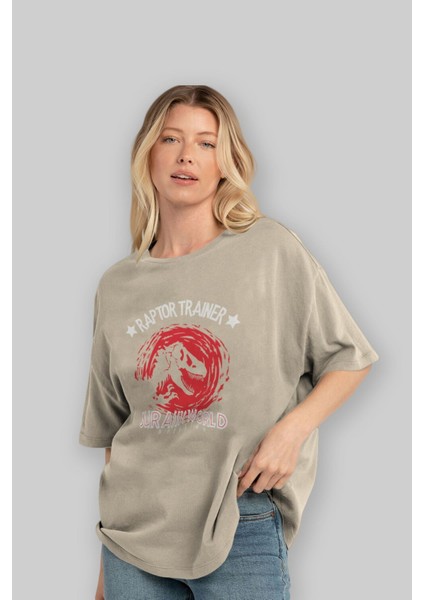 Jurassic Park (3) Ön Baskılı Bej Oversize T-Shirt Bisiklet Yaka Pamuk Erkek Kadın fırsatları