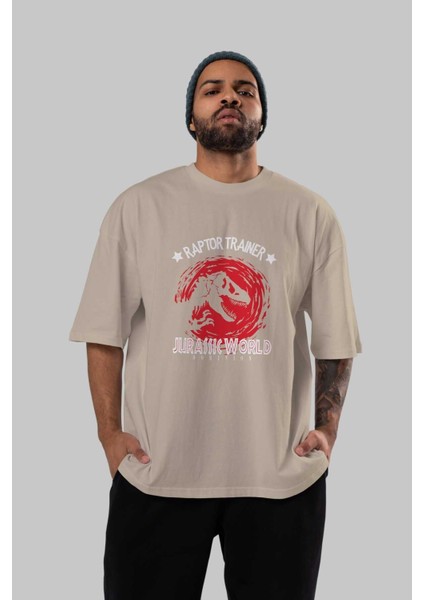 Jurassic Park (3) Ön Baskılı Bej Oversize T-Shirt Bisiklet Yaka Pamuk Erkek Kadın indirimleri