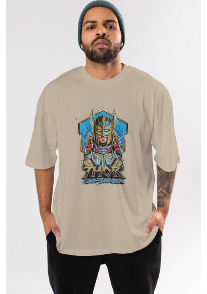 Thor Love And Thunder Ön Baskılı Bej Oversize T-Shirt Bisiklet Yaka Pamuk Erkek Kadın
